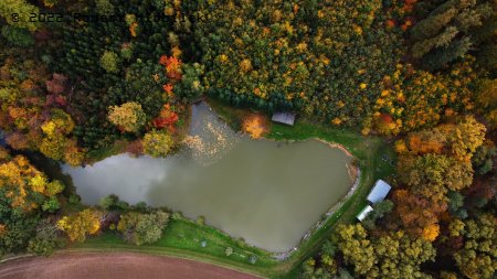 Rybník u lesa za obcí Křtomil z dronu